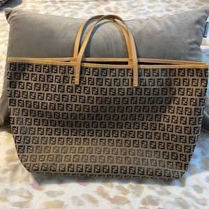 Fendi Bag Zucchino Shoulder Canvas Leather Brown Tote